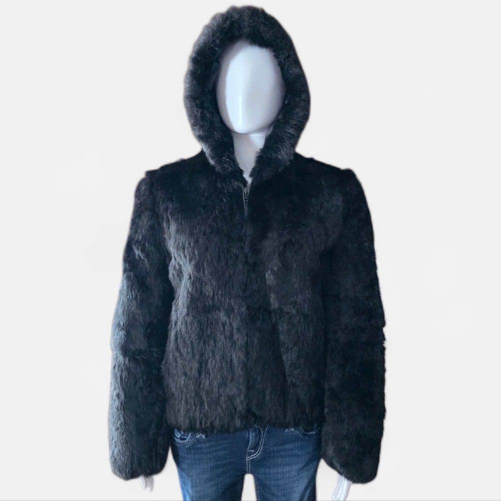 ​✨ RARE Vintage Late 70s/Early 80s Black Rabbit Fur Hooded Bomber Jacket ✨